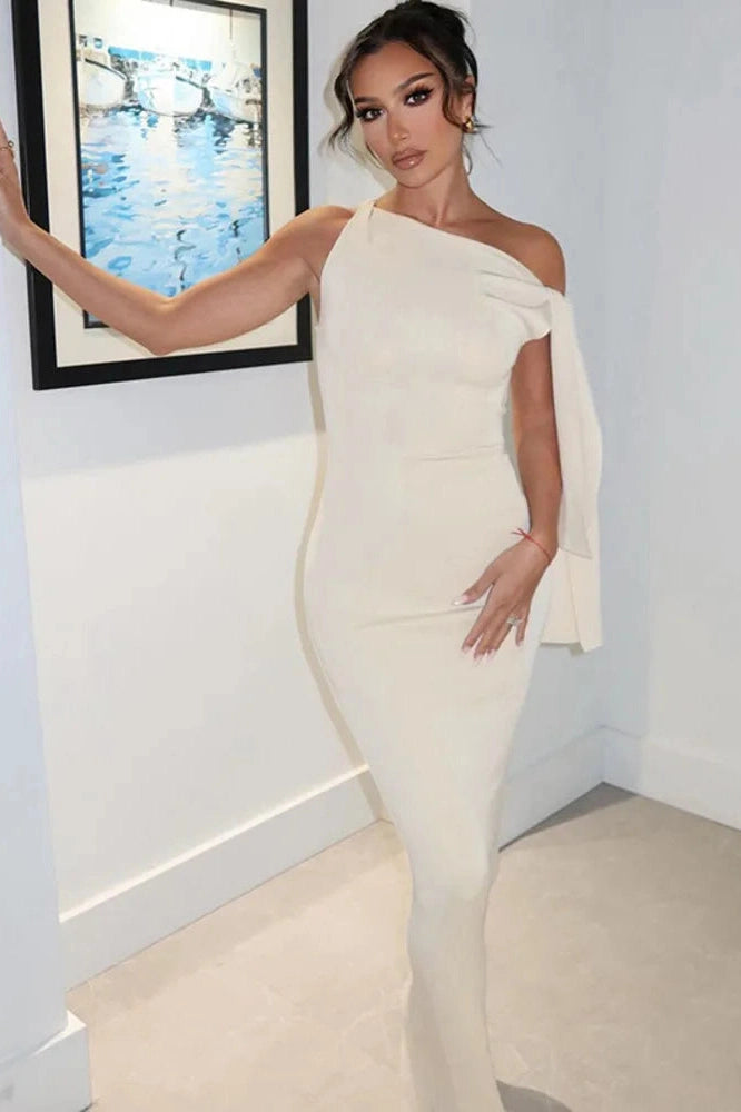 Glorol - Diagonal Collar Off-shoulder Sleeveless Maxi Dress