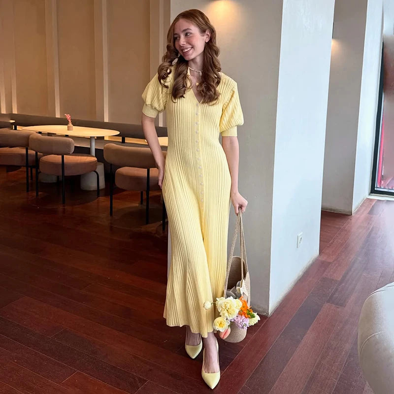 Glorol - Puff Sleeve Knitted Maxi Dress