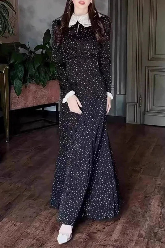 Glorol - Elegant Long Sleeve Slim Lace Up High Waist Pleat Printed Maxi Dress