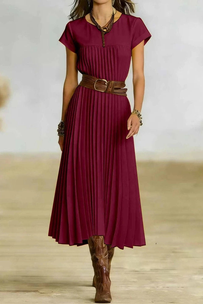Glorol - O-Neck Short Sleeve Pleated Loose High Waist Midi Dress