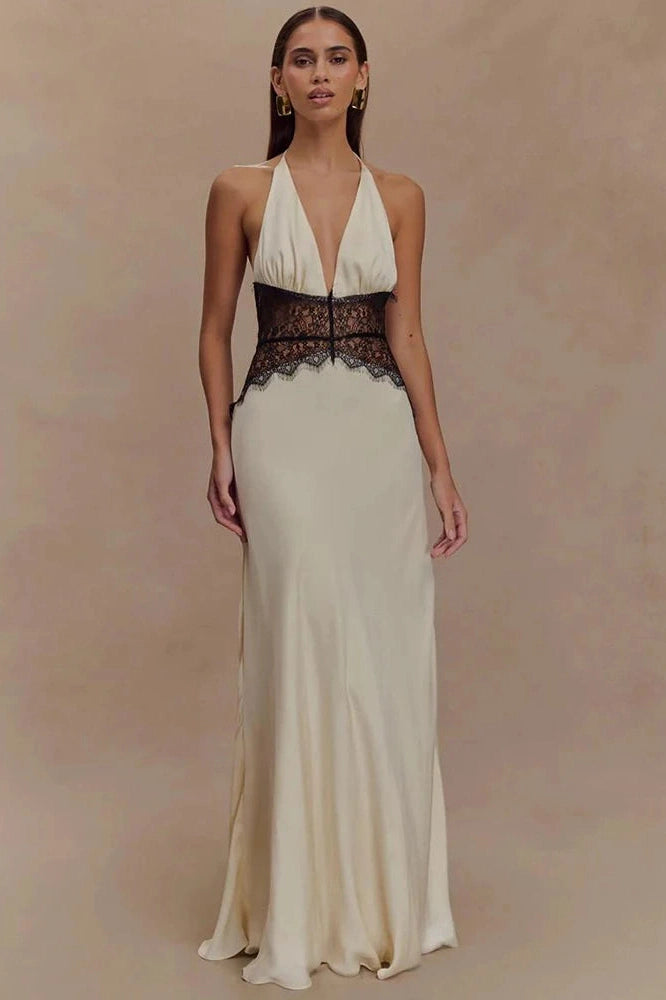 Glorol - Backless Patchwork Lace Deep V Neck Sleeveless High Waist Maxi Dress