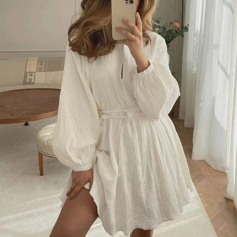 Glorol - Long Sleeve V Neck Lace Up A-Line Mini Dress