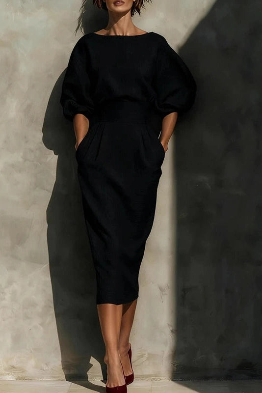 Glorol - Elegant A-Line O-Neck Lantern Sleeve High Waist Pleated Midi Dress