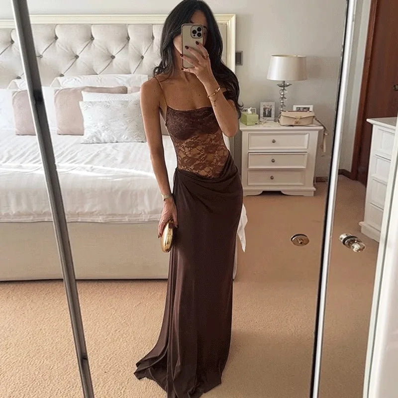 Glorol - Elegant Lace Patchwork Backless Maxi Dress