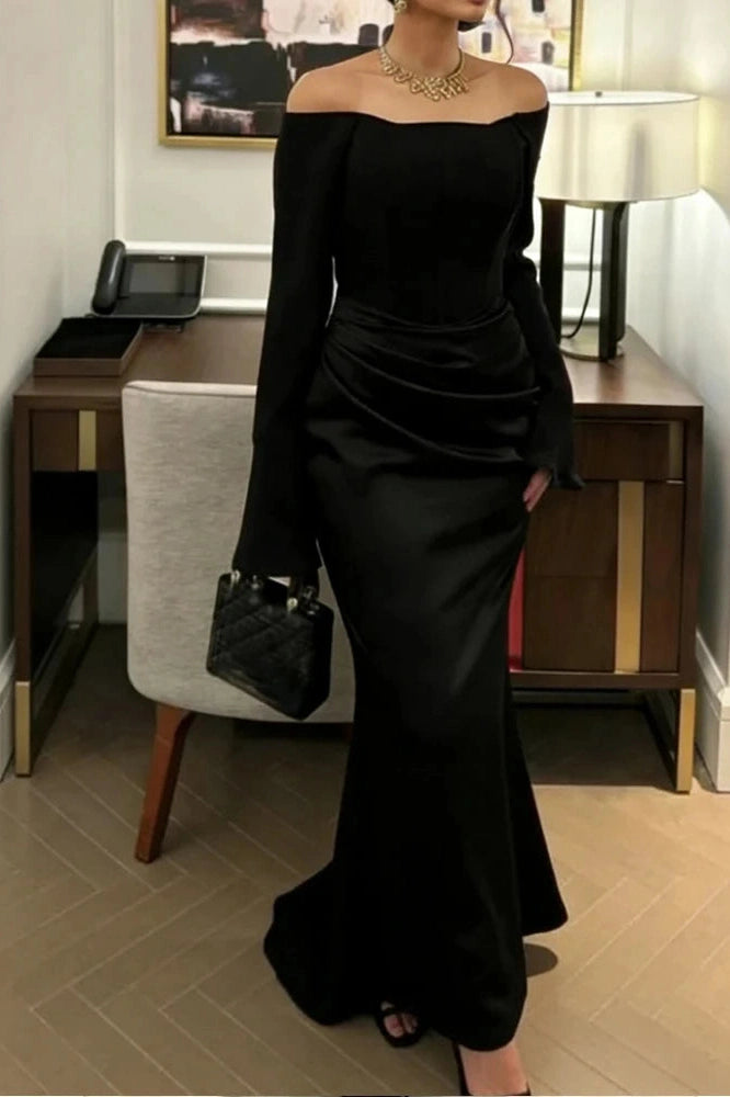Glorol - Elegant Off-Shoulder High Waist Pleated Maxi Dress