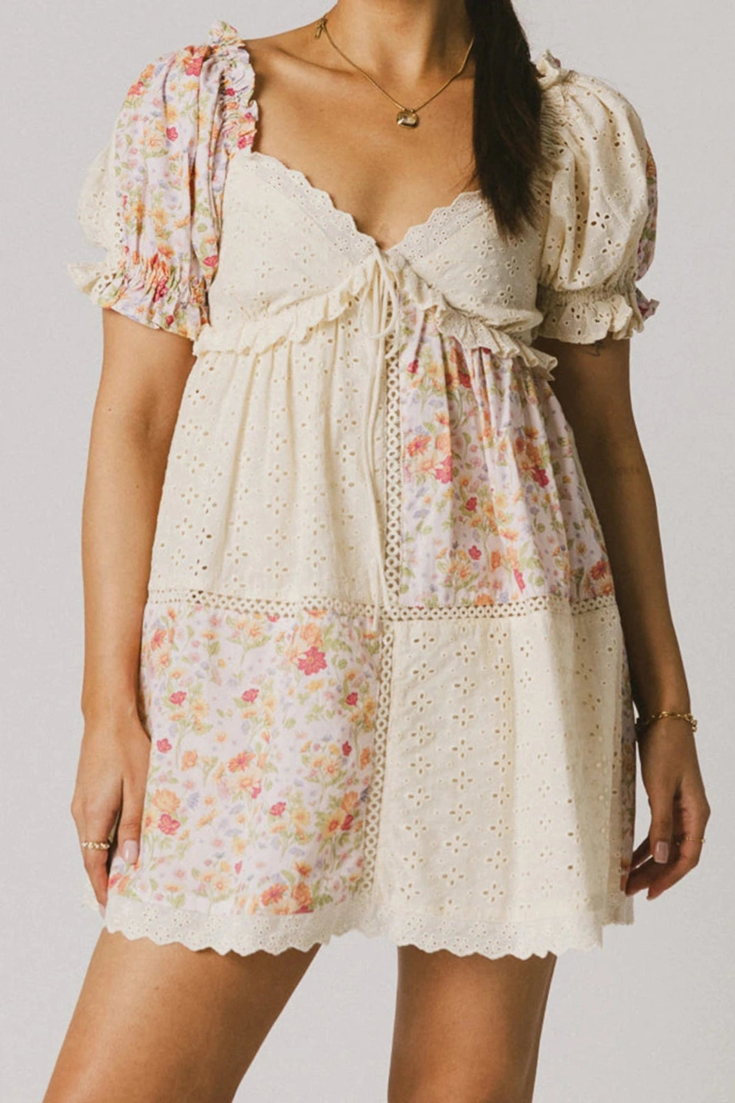 Glorol - Floral Print V Neck Short Sleeve A-Line Mini Dress