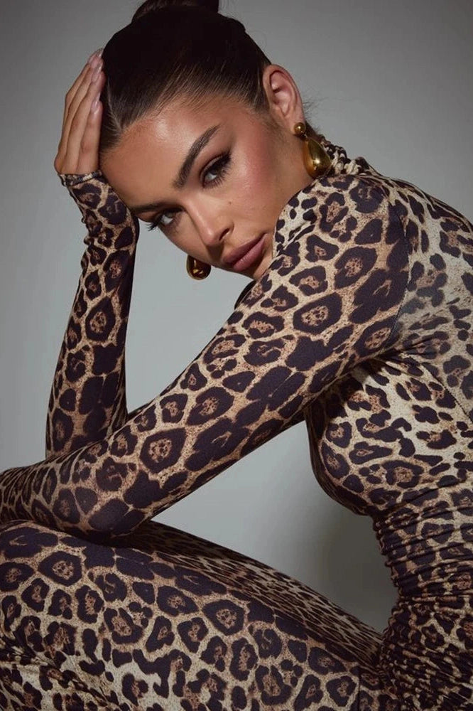 Glorol - Leopard Print Long Sleeve Turtleneck Maxi Dress
