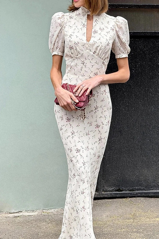 Short Sleeve Printed High Collar Slim Maxi Dress