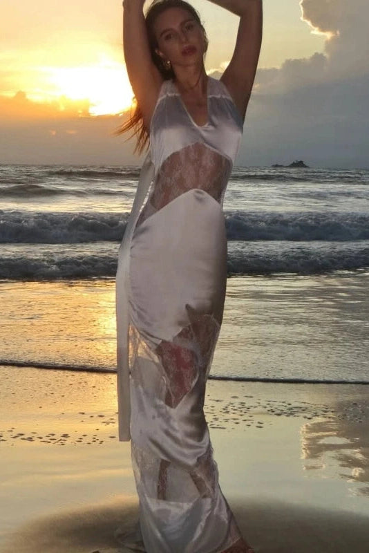 Glorol - Hollow Lace Sleeveless Lace-Up V-Neck Maxi Dress