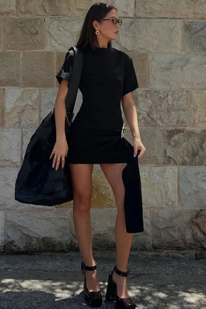 Glorol - Short Sleeve Metal Buckle O Neck Bodycon Mini Dress
