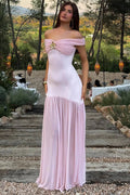 Glorol - Off-Shoulder Backless Patchwork Sleeveless Pleated Maxi Dress