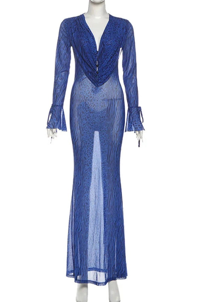 Glorol - Deep V Neck Long Sleeve Printed See Through Maxi Dress