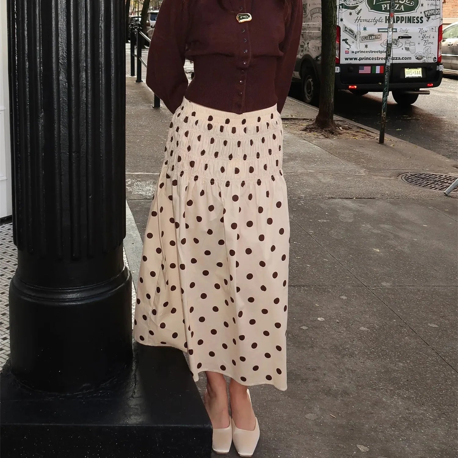 Glorol - Elegant Low Waist Dots Print Flowy Skirt