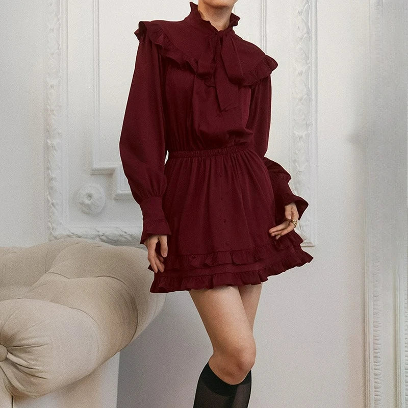 Glorol - Lace Up Button Patchwork Elegant Mini Dress