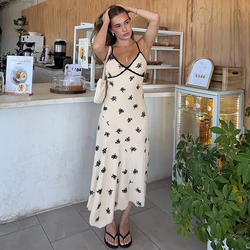 Glorol - Lace Printed V Neck Spaghetti Strap Slim Midi Dress