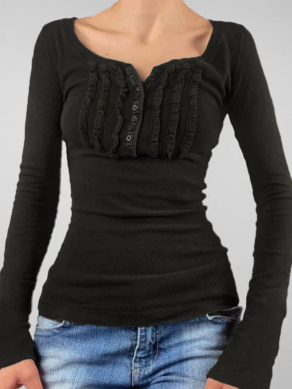 Glorol - Lace Slim V-Neck Long Sleeve Top