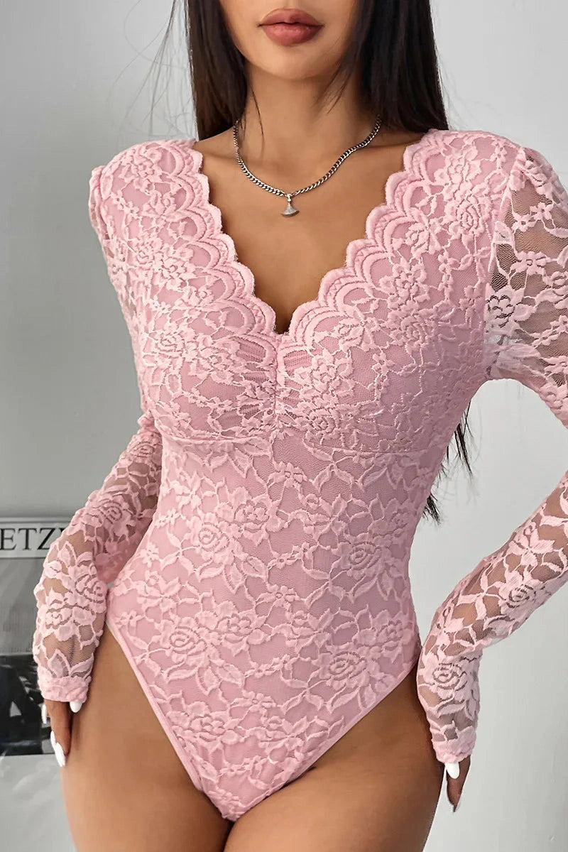 Glorol - Lace Long Sleeve Embroidery V-Neck Jumpsuit
