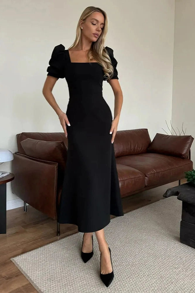 Glorol - Elegant Square-Neck Short-Sleeved Slim Midi Dress