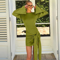 Glorol - Long Sleeve Patchwork Round Neck High Waist Mini Dress