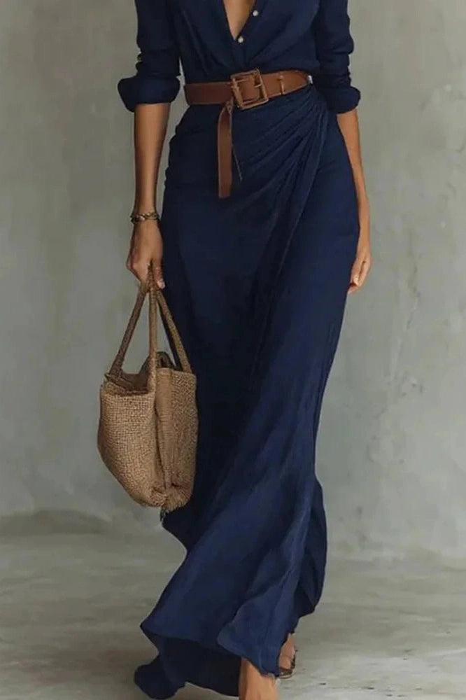 Glorol - Elegant Long Sleeve High Waist Single Breasted Maxi Dress