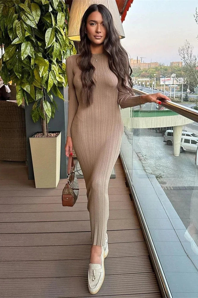 Glorol - Long Sleeve High Waist Patchwork Slim Maxi Dress