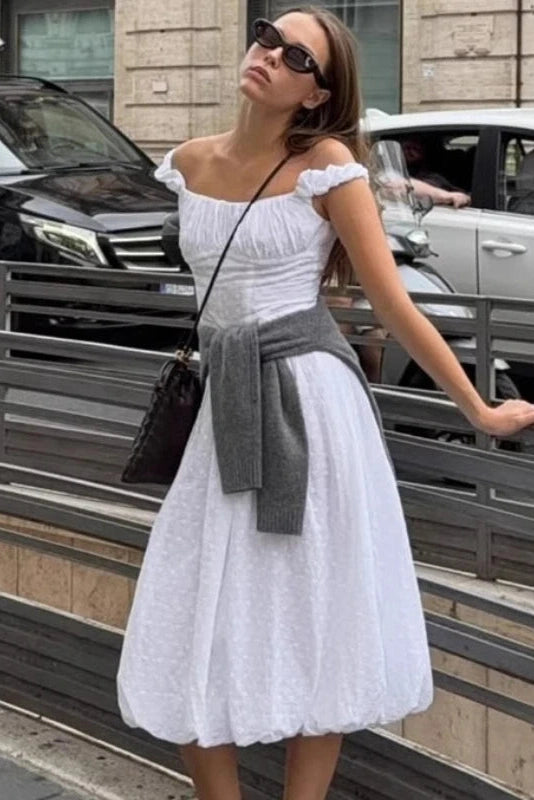 Glorol - Hollow Embroidery Off-Shoulder Slim Midi Dress