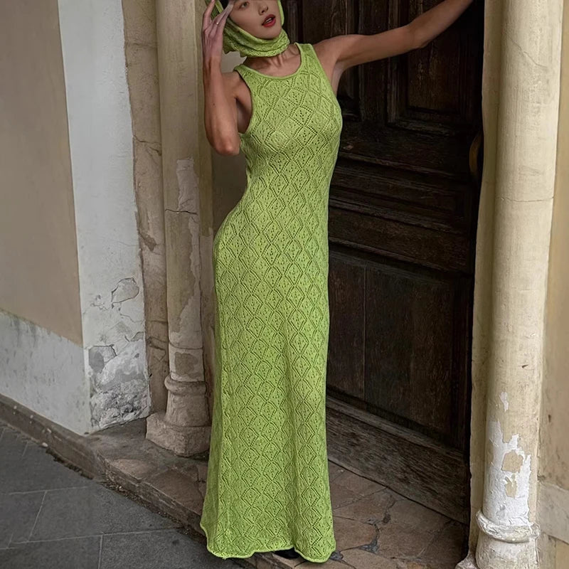 Glorol - See-Through Knitted Sleeveless Maxi Dress