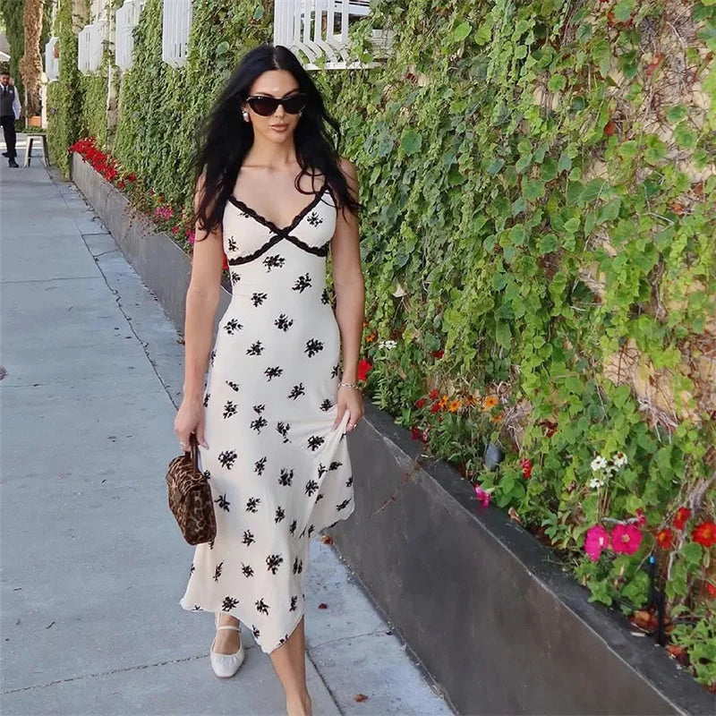 Glorol - Lace Print Spaghetti Strap Slim Midi Dress