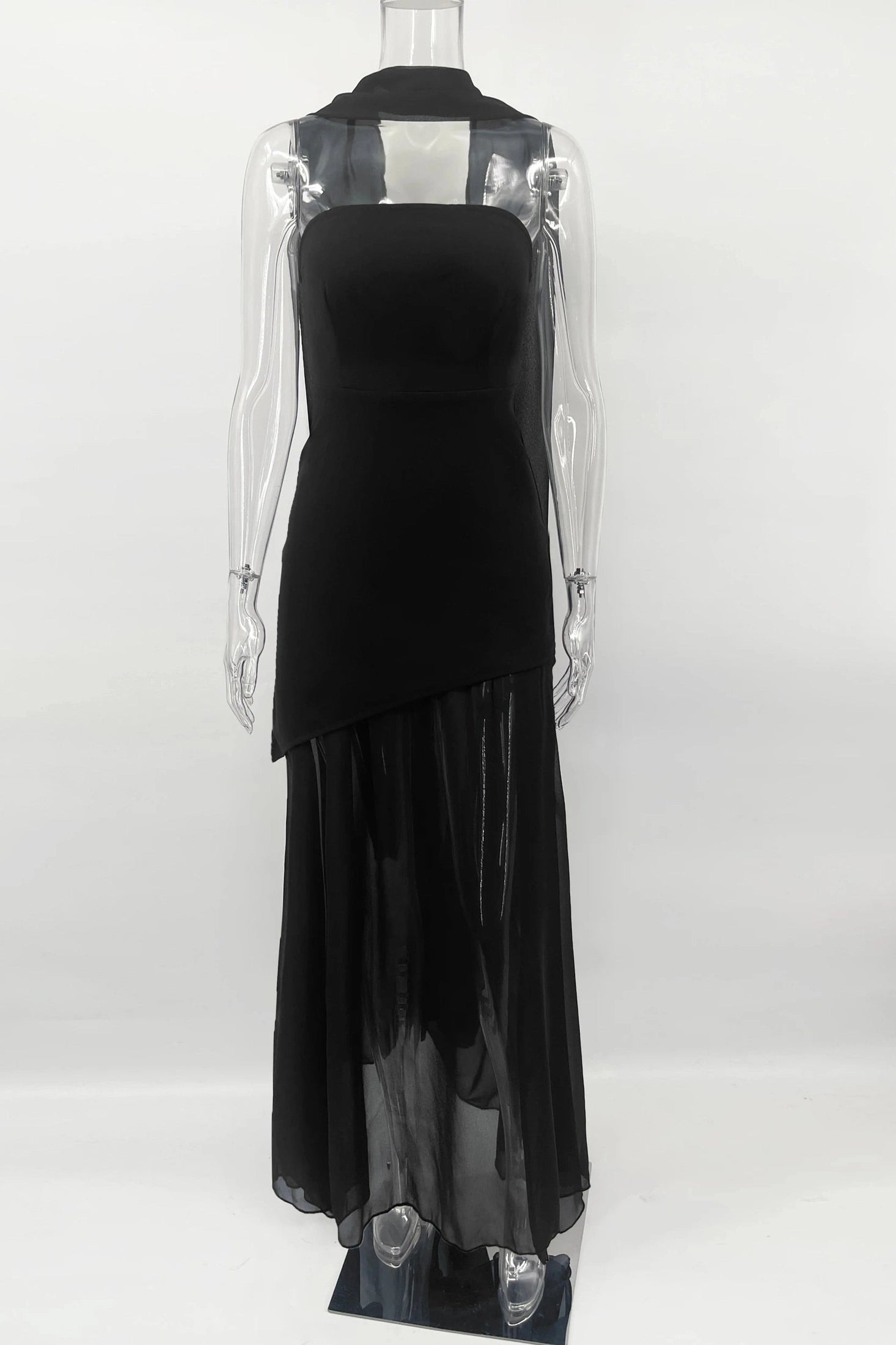 Glorol - Elegant Strapless Sleeveless Mesh Maxi Dress