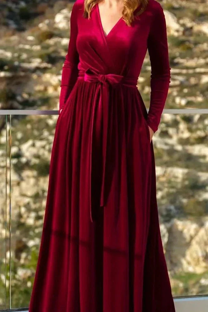 V-Neck  Pleated High Waist A-Line Maxi Dress
