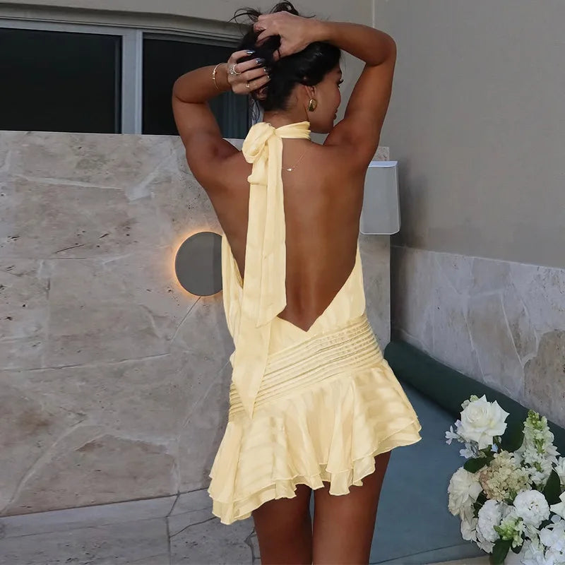 Glorol - Backless Lace Up Sleeveless Pleated Mini Dress