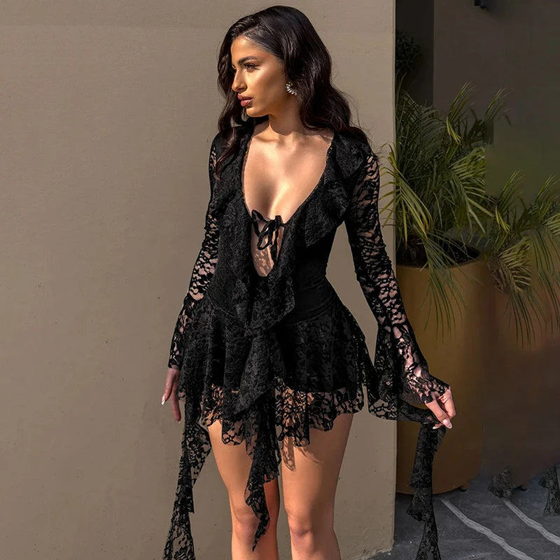 Glorol - See-Through Lace Long Sleeve V-Neck Mini Dress