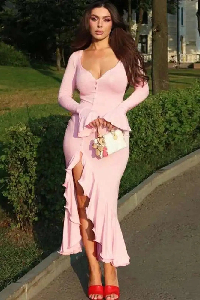 Glorol - Long Sleeve V Neck Single-Breasted High Waist Maxi Dress