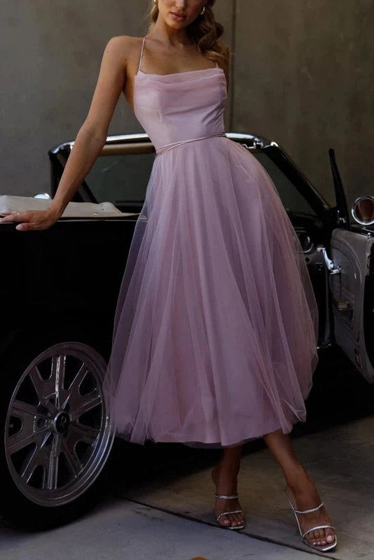 Glorol - Backless Sleeveless Pleated High Waist Midi Dress