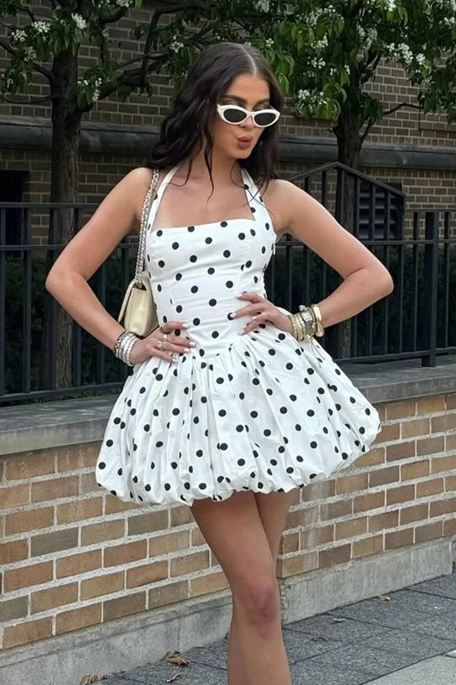 Glorol - Polka Dot High Waist A-Line Sleeveless Mini Dress