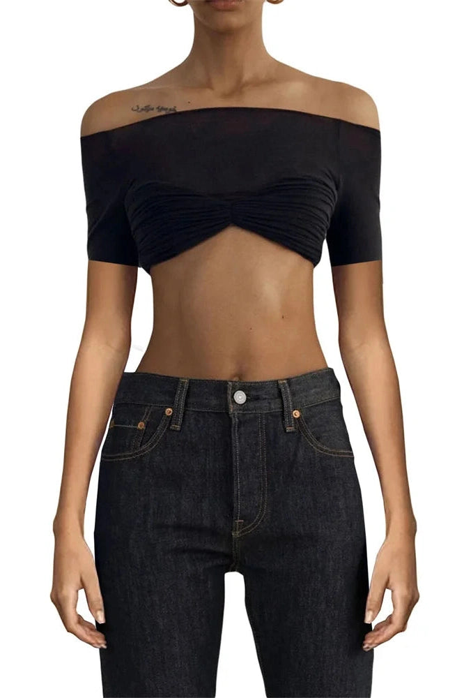 Glorol - Short Sleeve Off-Shoulder See-Through Top