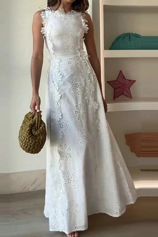 Glorol - Elegant Hollow Out Lace Embroidery Sleeveless Maxi Dress