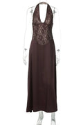 Glorol - Hollow-Out Lace Patchwork Deep V-Neck Maxi Dress