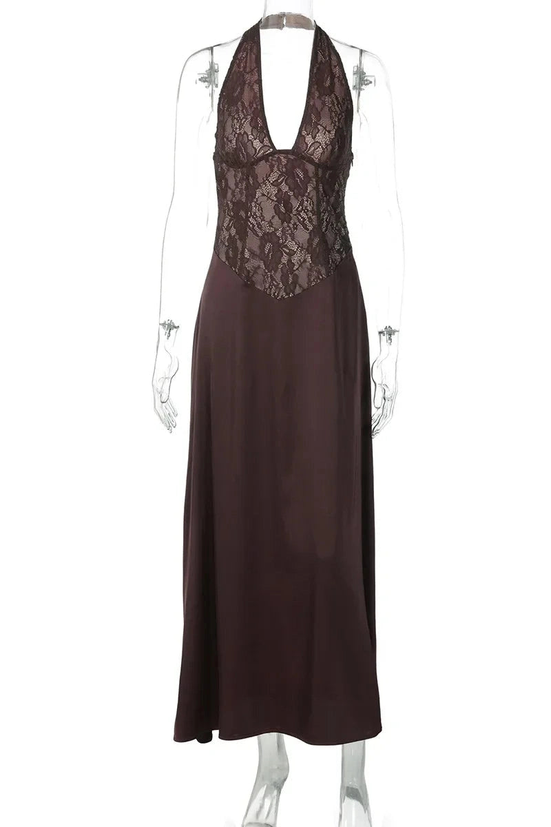 Glorol - Hollow-Out Lace Patchwork Deep V-Neck Maxi Dress