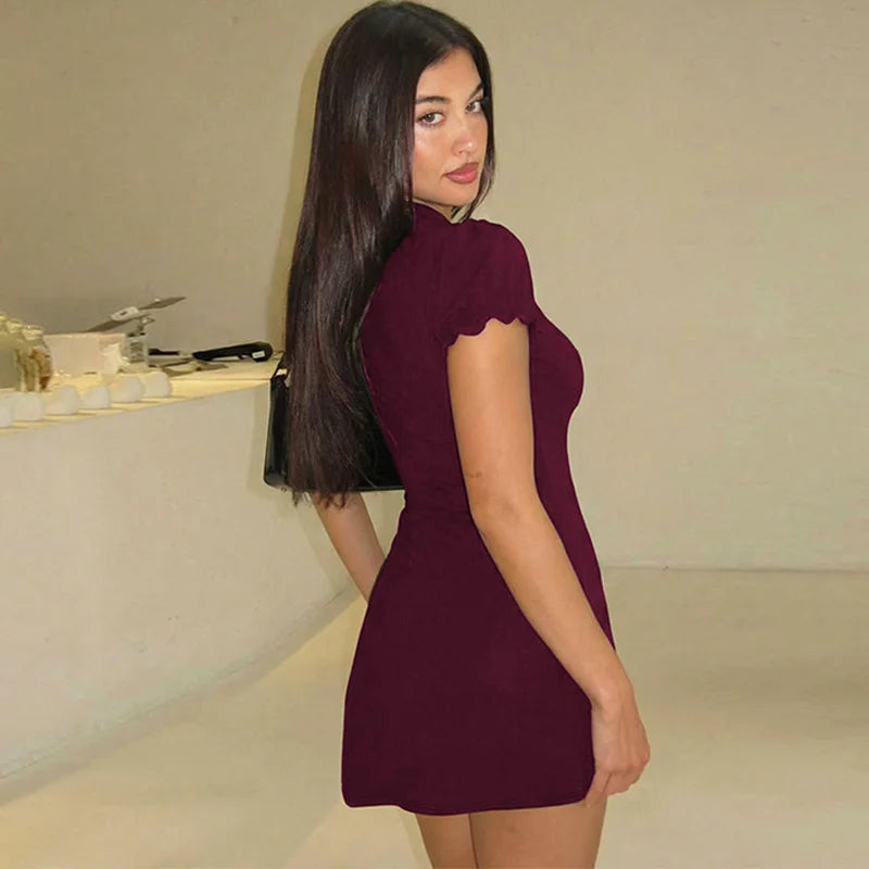 Glorol - Hollow Out Patchwork Short Sleeve Mini Dress