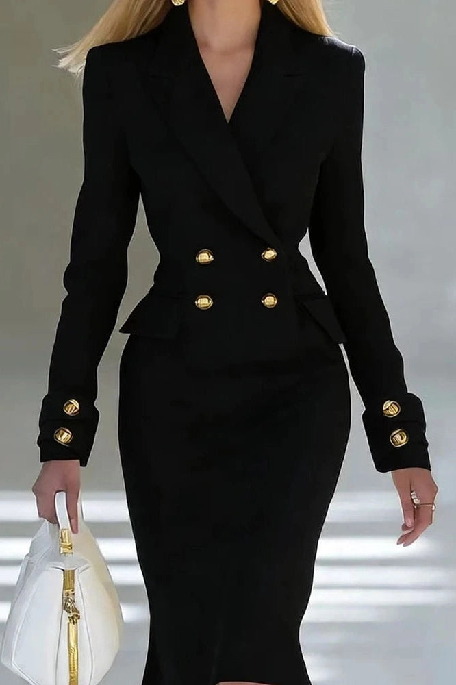 Glorol - Elegant Long Sleeve V-Neck High Waist Slim Midi Dress