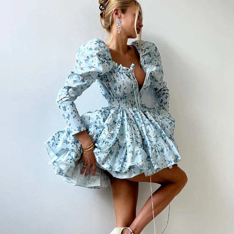 Glorol - Printed Lace Up V-Neck Long Sleeve Elegant A-Line Mini Dress