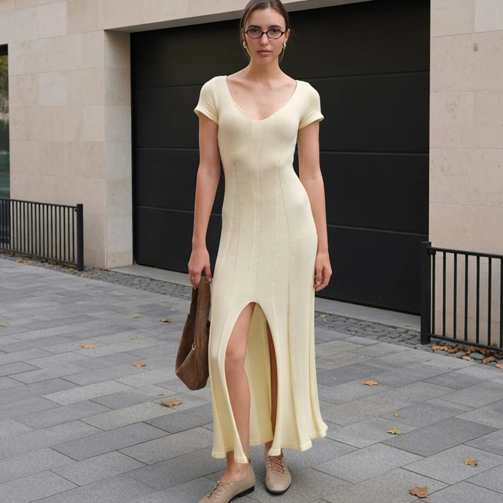 Glorol - Elegant V-Neck Split Patchwork Maxi Dress