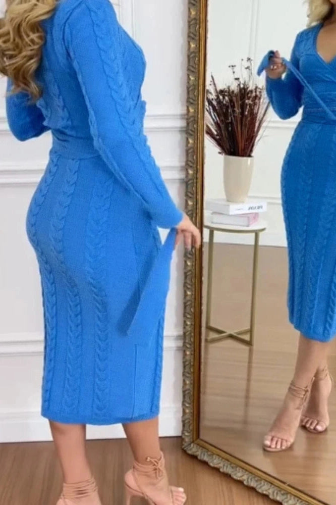 Glorol - Long Sleeve Slim High Waist V-Neck Midi Dress