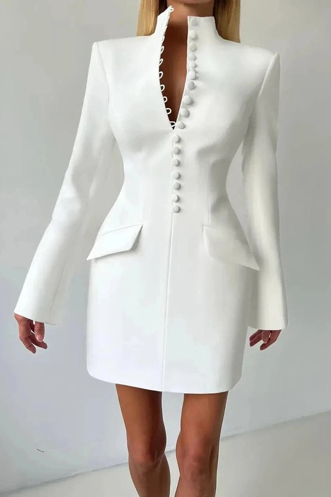 Glorol - Long Sleeve Single-Breasted Turtleneck Mini Dress