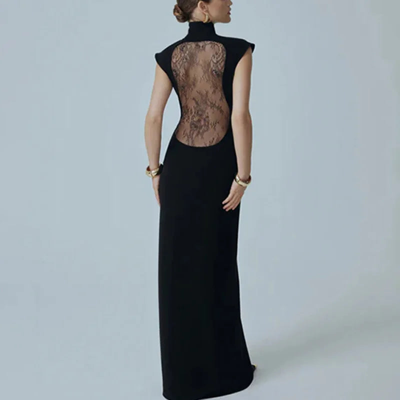 Glorol - Hollow Out High Neck Patchwork Backless Maxi Dress