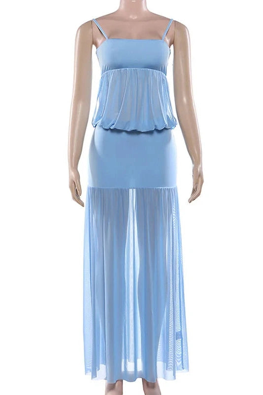 Glorol - See-Through Patchwork Spaghetti Straps Maxi Dress