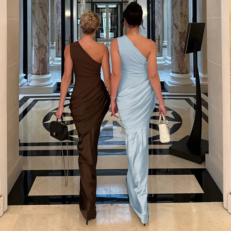 Glorol - One Shoulder Sleeveless Slim Maxi Dress