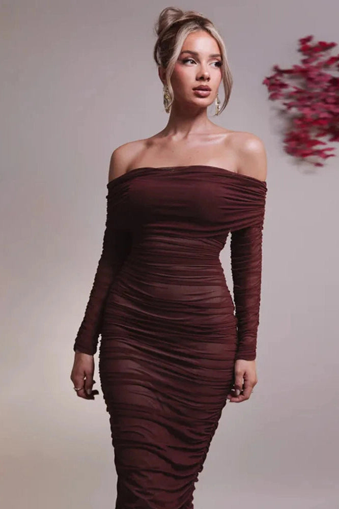 Glorol - Off-shoulder Strapless Long Sleeve Backless Maxi Dress