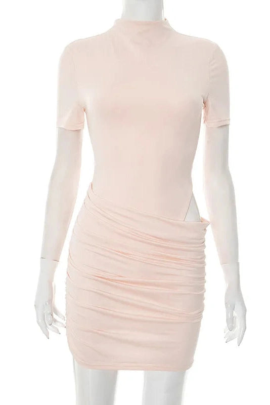 Glorol - Hollow Out Short Sleeve High Collar Mini Dress